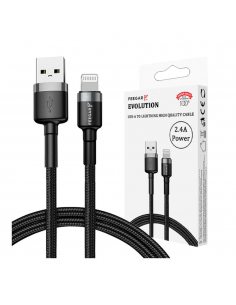 Kabel USB 3.0 Feegar Evolution FEE-01903 USB-A – Lightning nylonowy 2.4A 1m czarno-szary