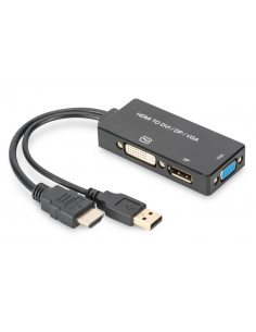 Kabel adapter DIGITUS 3w1 HDMI/USB 4K 30Hz UHD Typ HDMI A/USB na DisplayPort+DVI+VGA czarny 0,2m