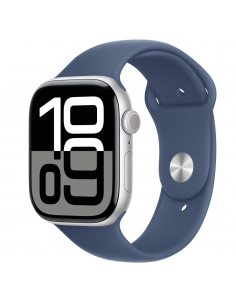 Apple Watch Series 10 GPS + Cellular, koperta 46 mm z aluminium w kolorze srebrnym z paskiem sportowym w kolorze denim - rozmiar