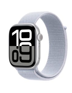 Apple Watch Series 10 GPS, koperta 46 mm z aluminium w kolorze srebrnym z opaską sportową w kolorze błękitnego obłoku