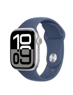 Apple Watch Series 10 GPS, koperta 42 mm z aluminium w kolorze srebrnym z paskiem sportowym w kolorze denim - rozmiar M/L