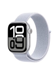 Apple Watch Series 10 GPS, koperta 42 mm z aluminium w kolorze srebrnym z opaską sportową w kolorze błękitnego obłoku