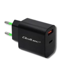 Qoltec Ładowarka sieciowa | 18W | 5-12V | 1.5-3A | USB typ C PD | USB QC 3.0 | Czarna