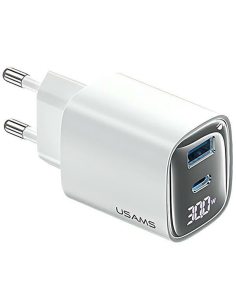 USAMS Ładowarka sieciowa 30W GaN LED USB+USB-C CC229 Fast Charging Biała