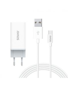 Savio Ładowarka sieciowa 65W GaN LA-07 z kablem USB-A-USB typ C 1m, biała