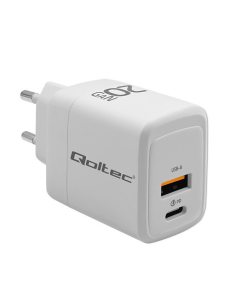 Qoltec Ładowarka sieciowa 20W GaN | 5-20V | 1.5-3A | 1xUSB-C PD | 1xUSB QC 3.0 | Biała