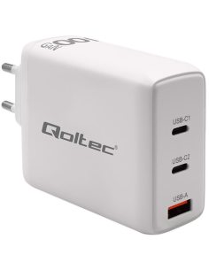 Qoltec Ładowarka sieciowa 100W GaN | 5-20V | 1.5-3A | 2xUSB-C PD | 1xUSBQC 3.0 | Biała