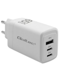 Qoltec Ładowarka sieciowa 65W GaN | 5-20V | 3-3.35A | 2xUSB-C PD | 1xUSBQC 3.0 | Biała