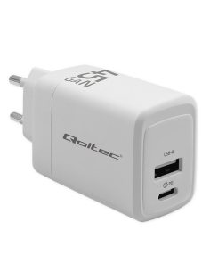 Qoltec Ładowarka sieciowa 45W GaN | 5-20V | 1.5-3A | 1xUSB-C PD | 1xUSB QC 3.0 | Biała