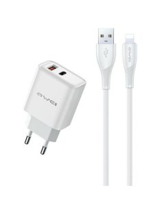 AWEI Ładowarka sieciowa GaN PD81L 22,5W USB+USB-C + Kabel USB/Lightning